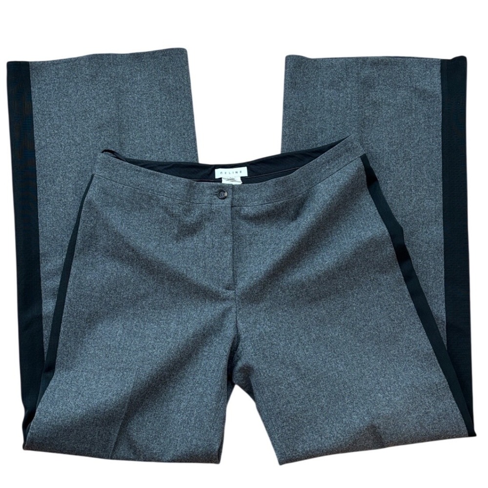 Celine Grey Wool Blend Side Stripe Wide Leg Trousers Pants Size 46 121172037‎